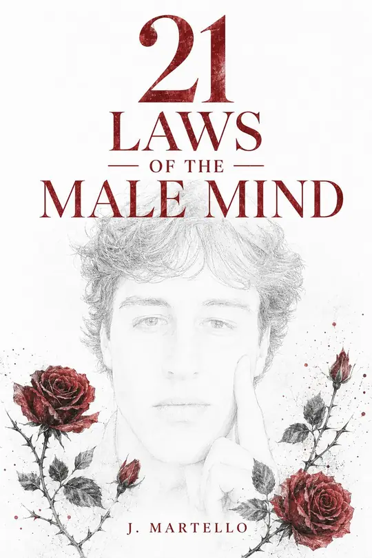 The cover of 21 Laws of the Male Mind by J. Martello, a pencil portrait of a young man framed by deep red roses